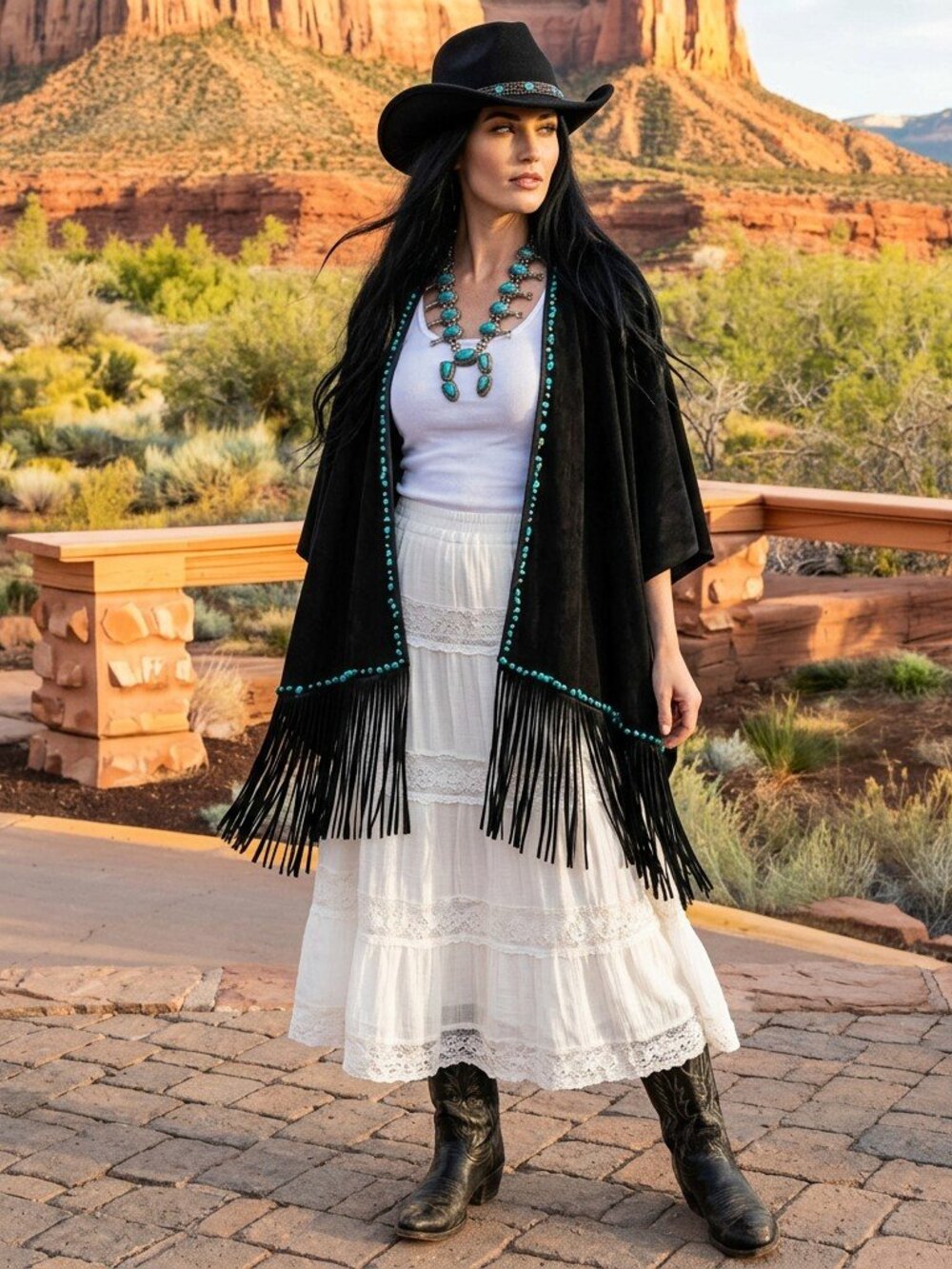Turquoise Stone Beads Black Thick Faux Suede and Leather Fringe Boho O/S
